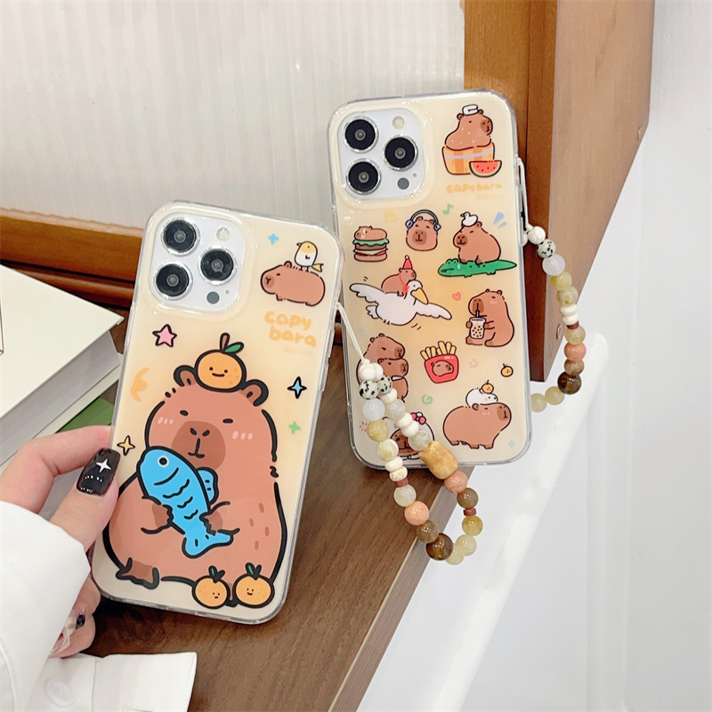 卡皮巴拉小水豚鏈條適用iphone15Promax蘋果14手機殼13女11雙層12