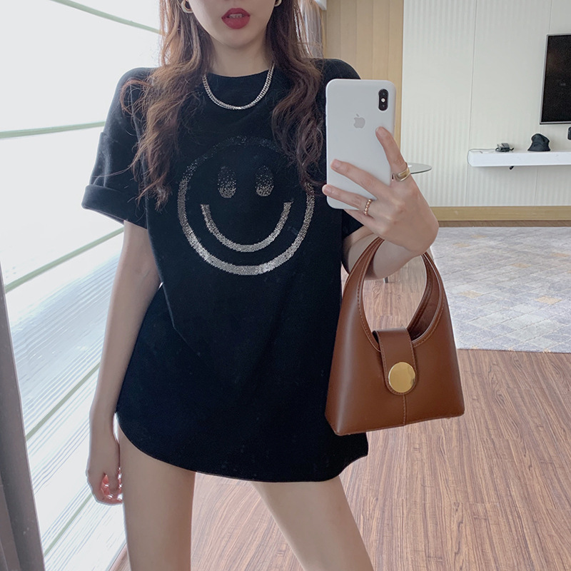 Smiley printed loose short sleeve T-shirt women's 2023 spring and summer new casual bottoming shirt women's top a generation of hair