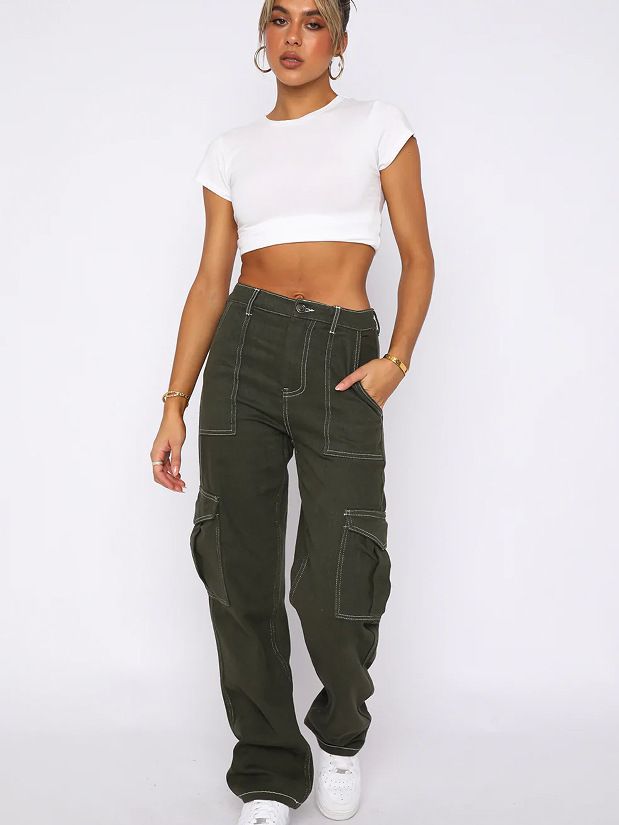 2023 European and American women's jeans Amazon autumn and winter new women's pants personality fashion stitching straight multi-pocket worker