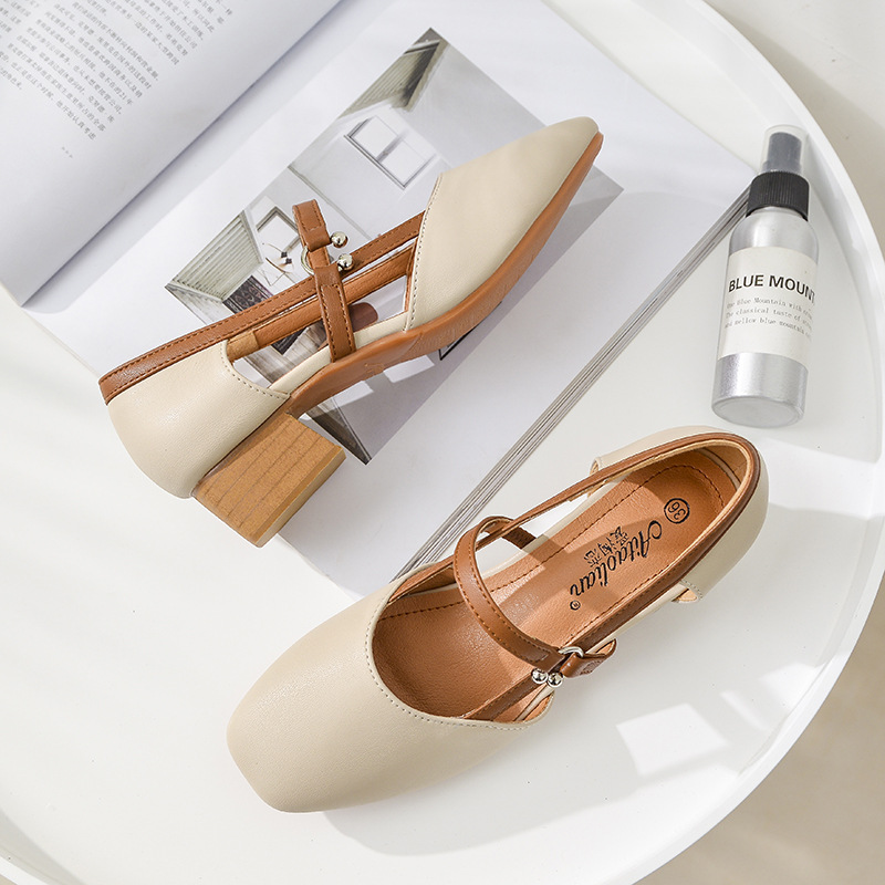 2022 new autumn low skin color viscose shoes daily spot average size square head flat heel solid color single-layer shoes