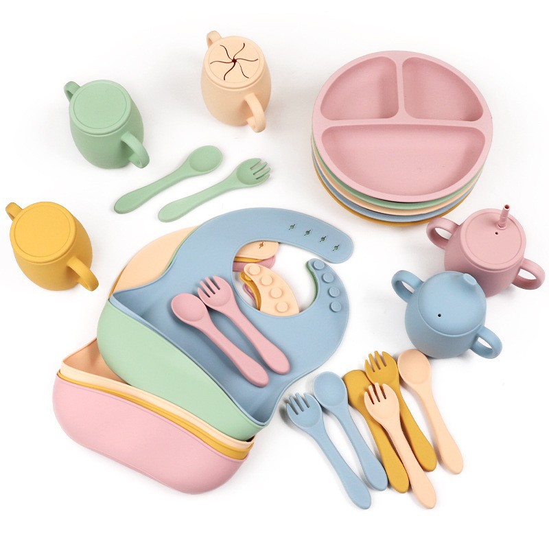 Explosive Silicone Tableware suit Children's Dinner Plate Partition Plate Baby Bib Supplemental Spoon Baby Maternal and Infant Supplies suit