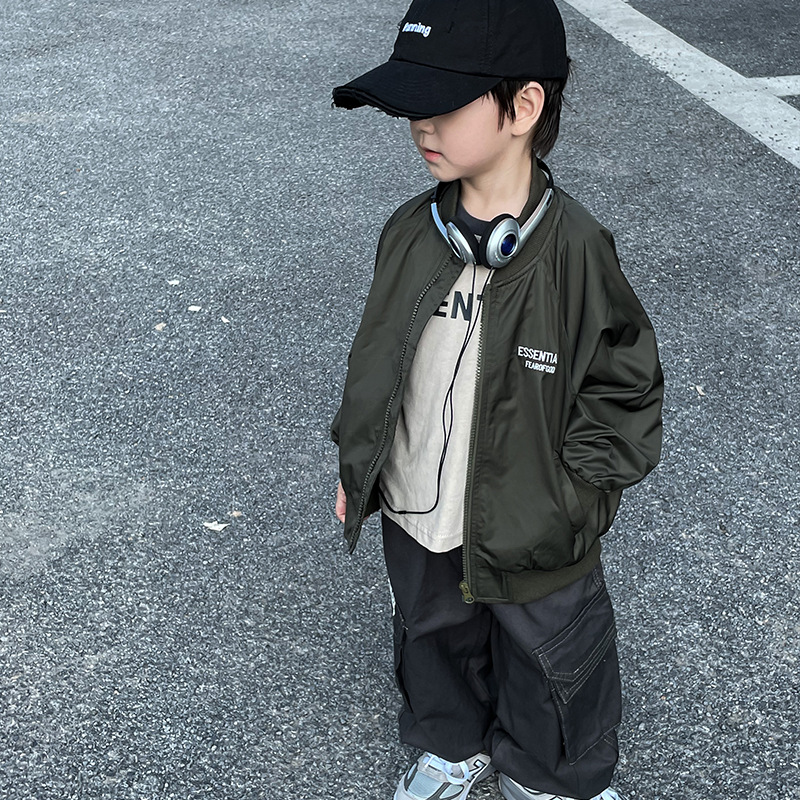Boy's Baseball Suit Coat Spring and Autumn Western Style Children's Alphabet Autumn Zipper Shirt Big Boy's Aviator Jacket Trendy