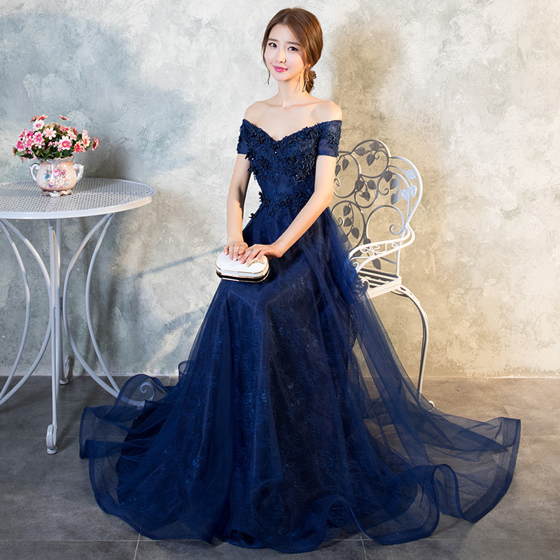 Off-shoulder evening dress women's long blue 2024 spring new fashion socialite host banquet elegant lady