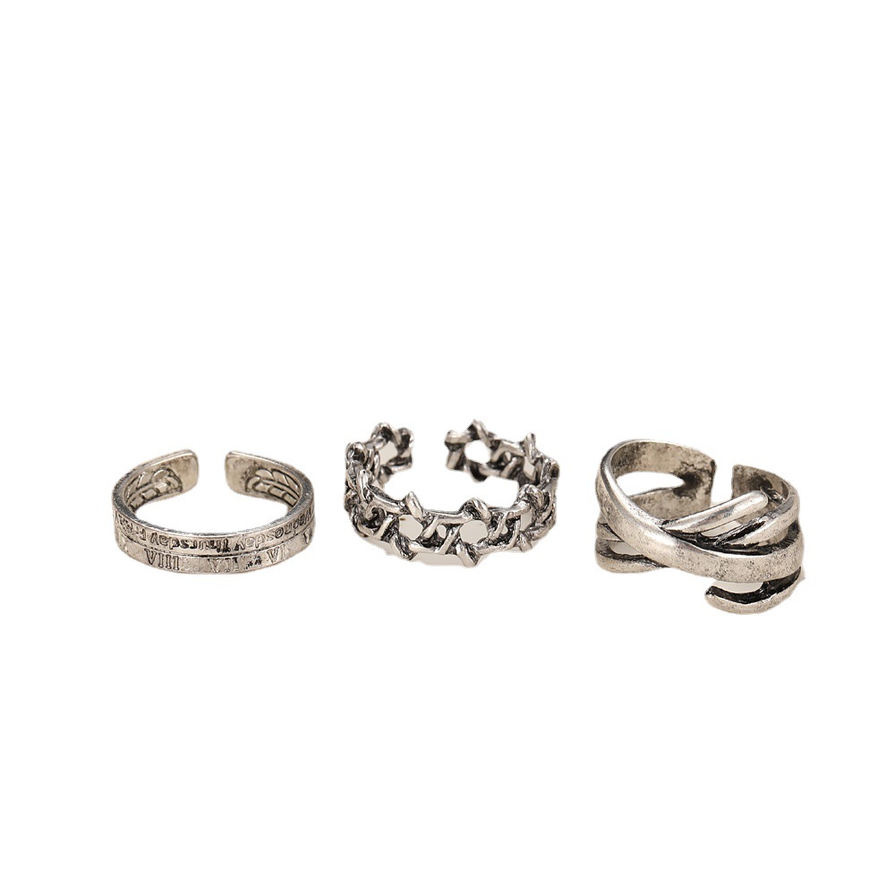 Hip Hop Cold Wind Ring 3-piece Set Personalized Open Finger Ring Six-pointed Star Retro Joint Ring Tail Ring_voghion.com