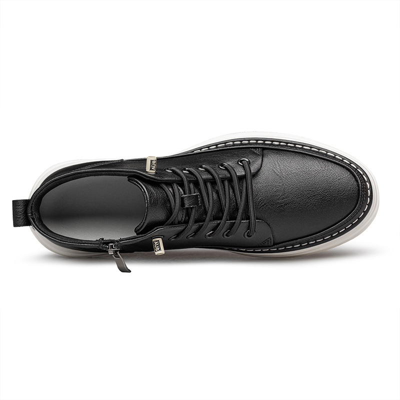 Autumn cowhide men's round toe lace-up sneakers genuine leather casual fashionable shoes men's mid-top leather shoes invisible hidden hidden height increasing men's shoes
