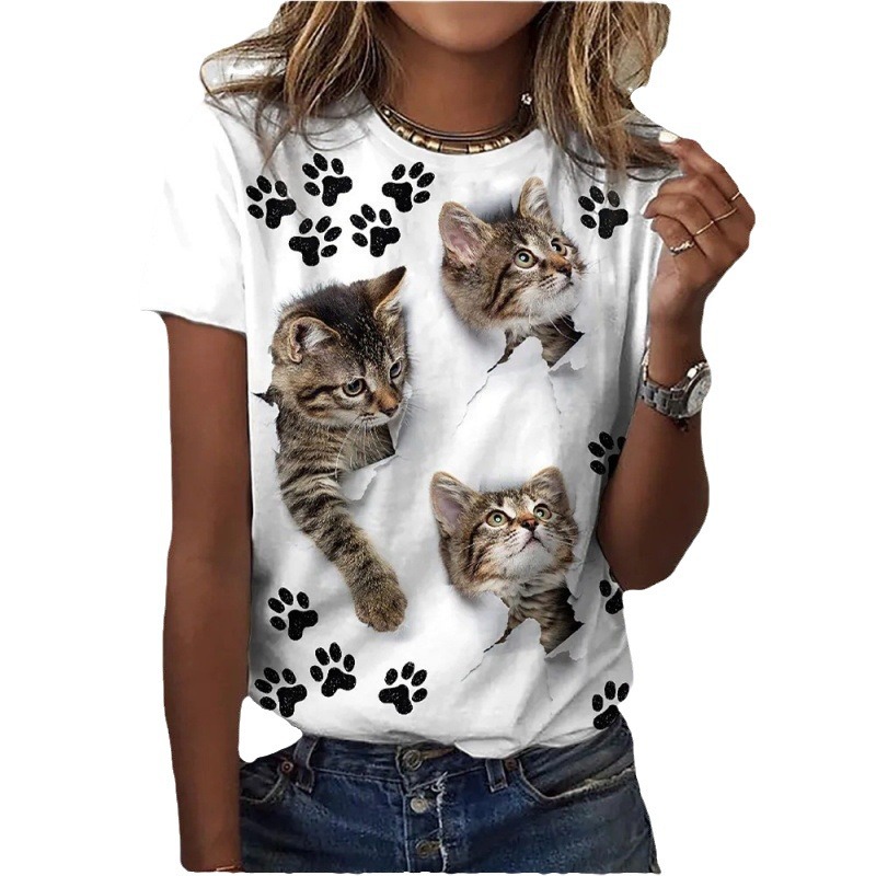 2024 Amazon Independent Station Women's Short-sleeved T-shirt Cute Cat 3D Print European and American Foreign Trade Women's Wear Straight Hair