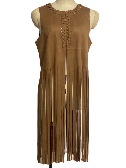 In Stock European and American style shawl suede tassel vest coat women's sleeveless mid-length vest outer wear