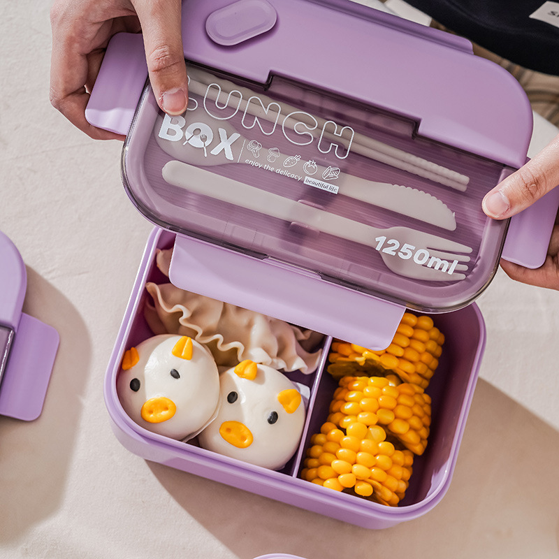 Rectangular microwave oven compartment lunch box food grade plastic lunch box portable fork spoon student lunch box LOGO