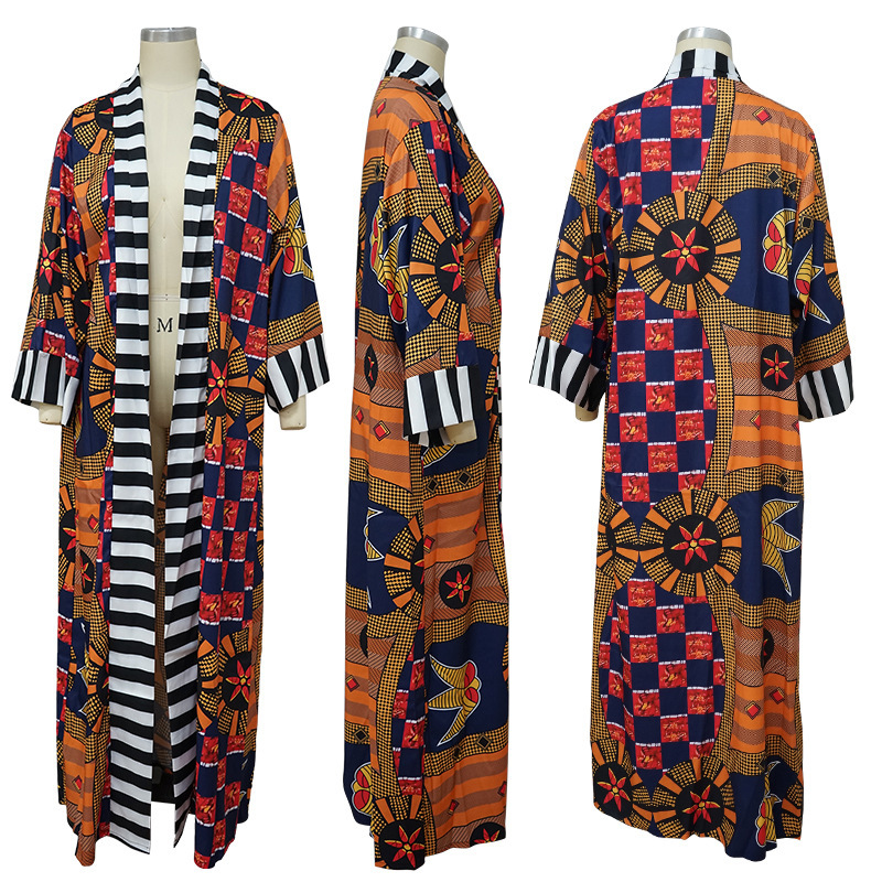 LG001 African Ethnic Style Women's Coat Long Printed Kimono Foreign Trade Source Cross-border 2024 New Coat_voghion.com