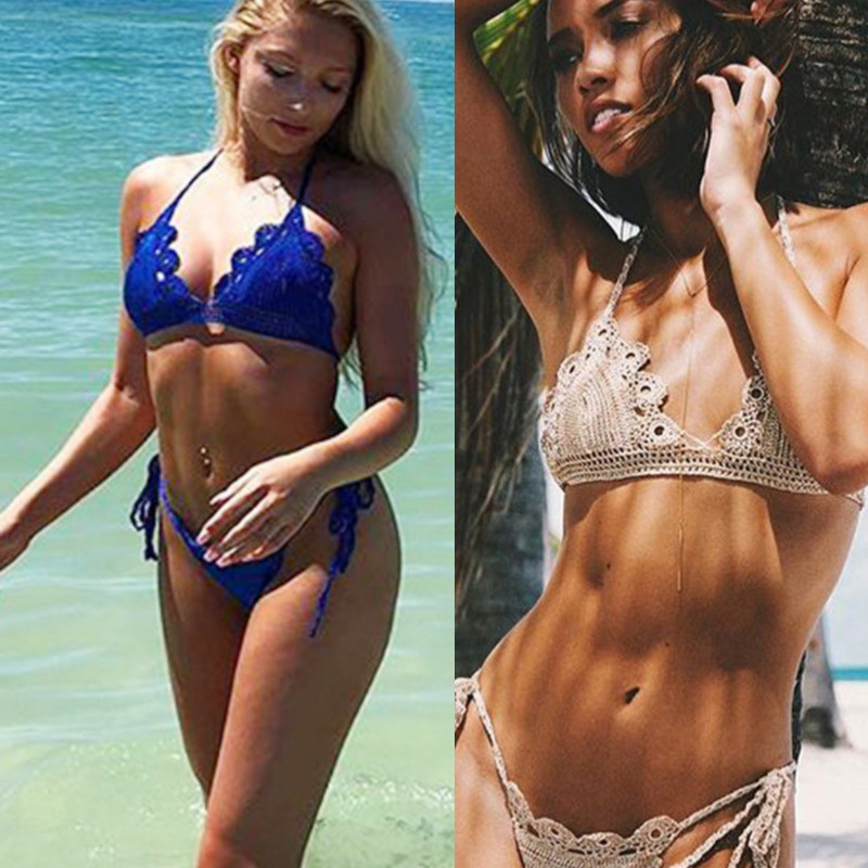 Cross-border sexy bikini underwear knitted split swimsuit set hanging neck gathered triangle cup swimwear women's wholesale
