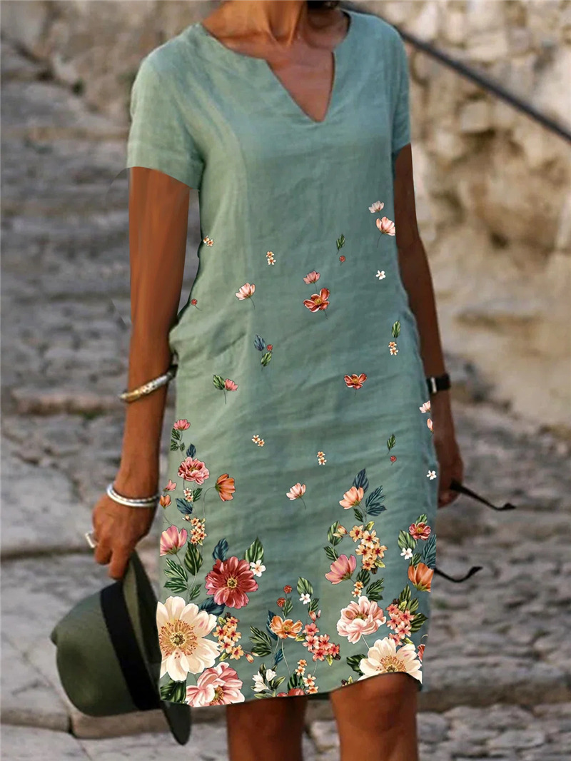 2023wish Amazon cross-border independent station hot flower printed cotton and linen short sleeve mid-length V-neck dress
