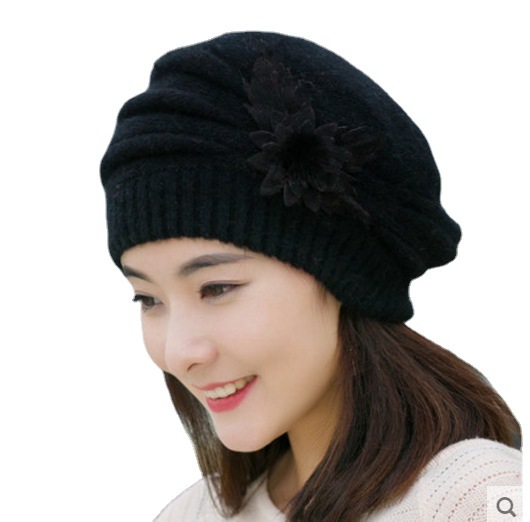 Hat Women's Winter Korean Style Flower Rabbit Fur Hat Thickened Beret Warm Knitted Wool Hat Autumn and Winter Mother Hat