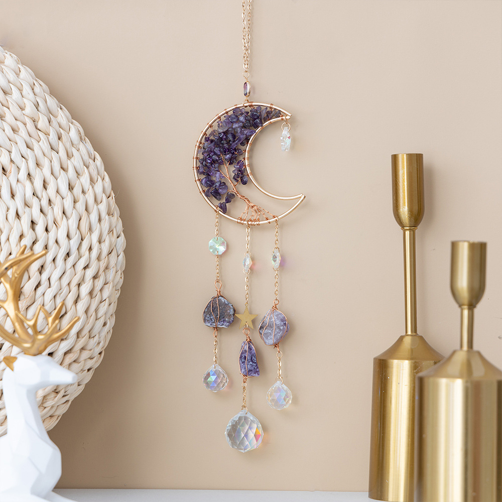 Amazon Natural Amethyst Gravel Moon Sun Catcher Wind Bell Lighting Pendant Home Decoration Gift Wholesale