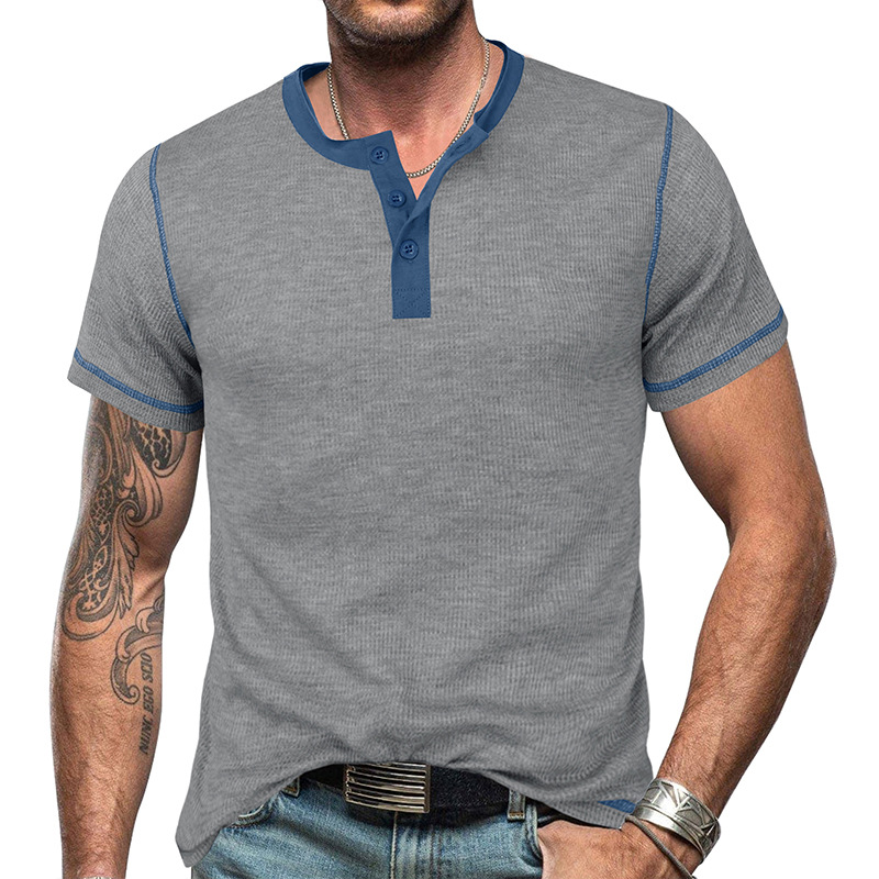 Cross-Border Men's clothing 2023 Summer short-sleeved Henry lining European and American men's retro T-shirt waffle color matching Henleys