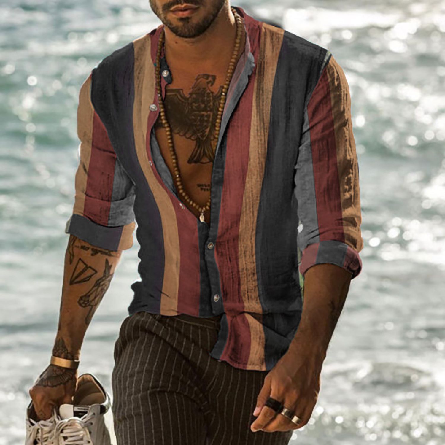Men's Shirt Striped Collar Street Daily Buckle Print Long Sleeve Top Casual Fashion Breathable Men's Lining