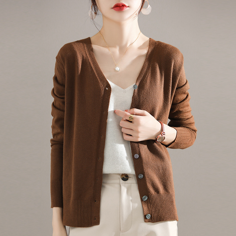 Autumn and Winter Thin V-Neck Knitted Cardigan Women's Solid Color Loose Long-sleeved Sweater Coat Inner Base Shirt Top