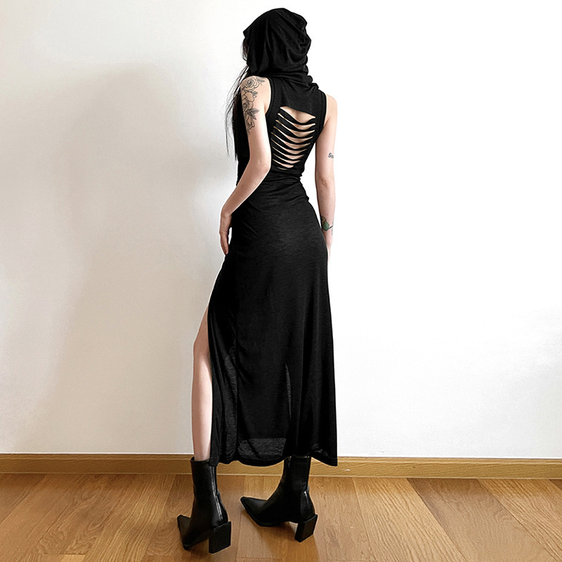 European and American style 2024 autumn new women's clothing fashion trend hooded hollow backless sleeveless slit dress dress