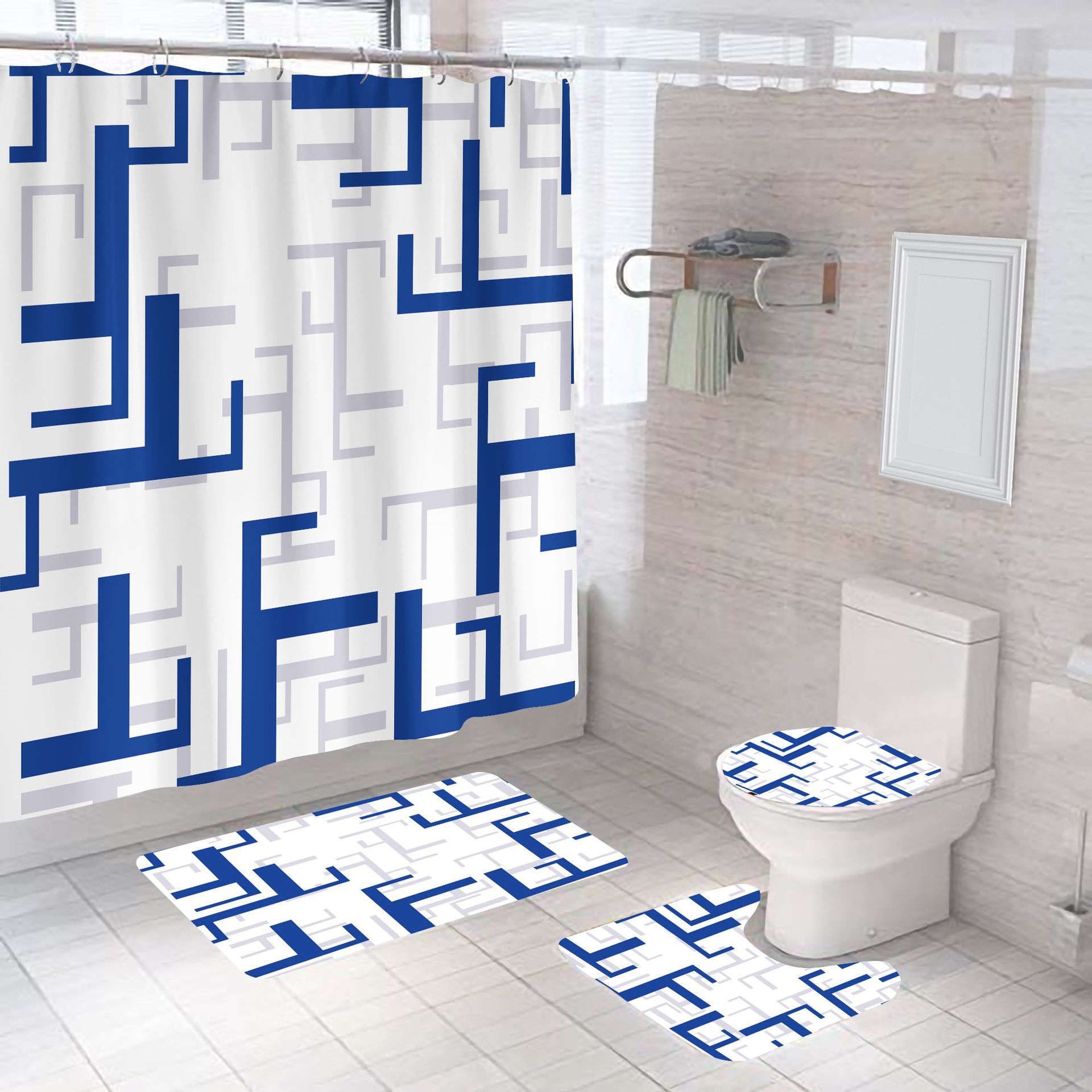 Geometric shower curtain bathroom curtain bathroom curtain 3D digital printing non-perforated factory direct supply