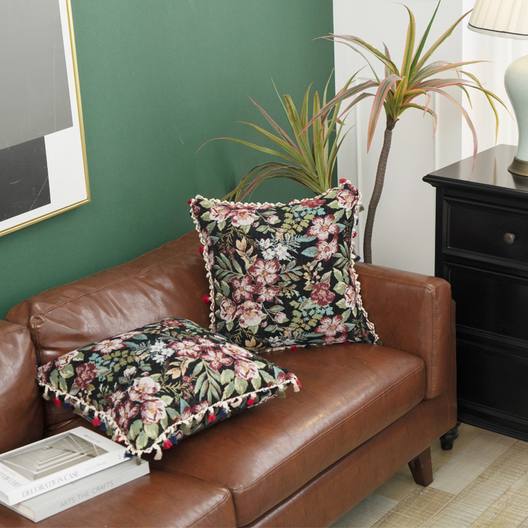 Morocco Pillowcase with Plush Ball Edge, Floral Embroidery, Ethnic Tassels, Throw Pillow Cover, Office Pillow Cover