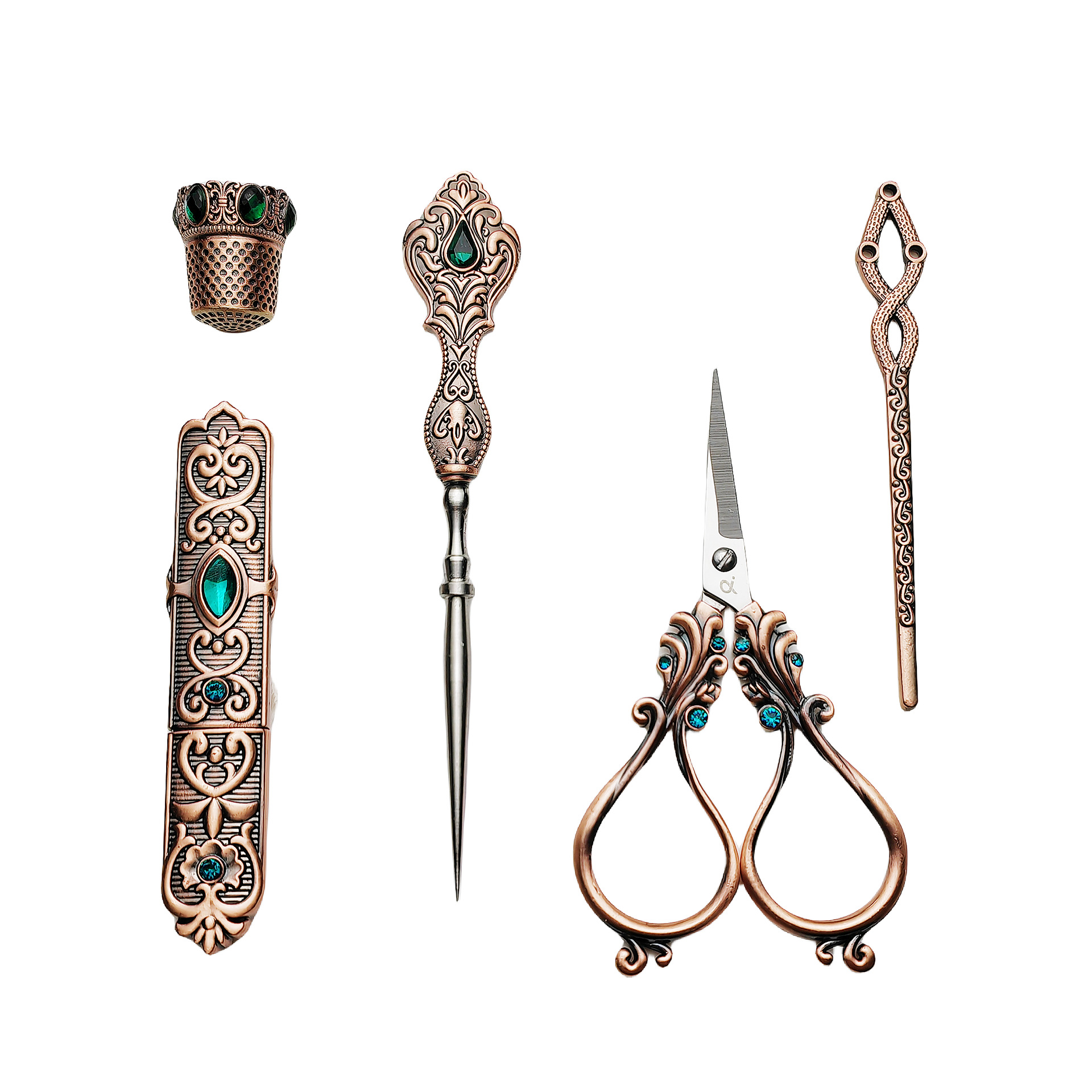 Genuine goods phoenix tail vintage scissors box pack five pieces suit awl thimble needle barrel Diamond-embedded