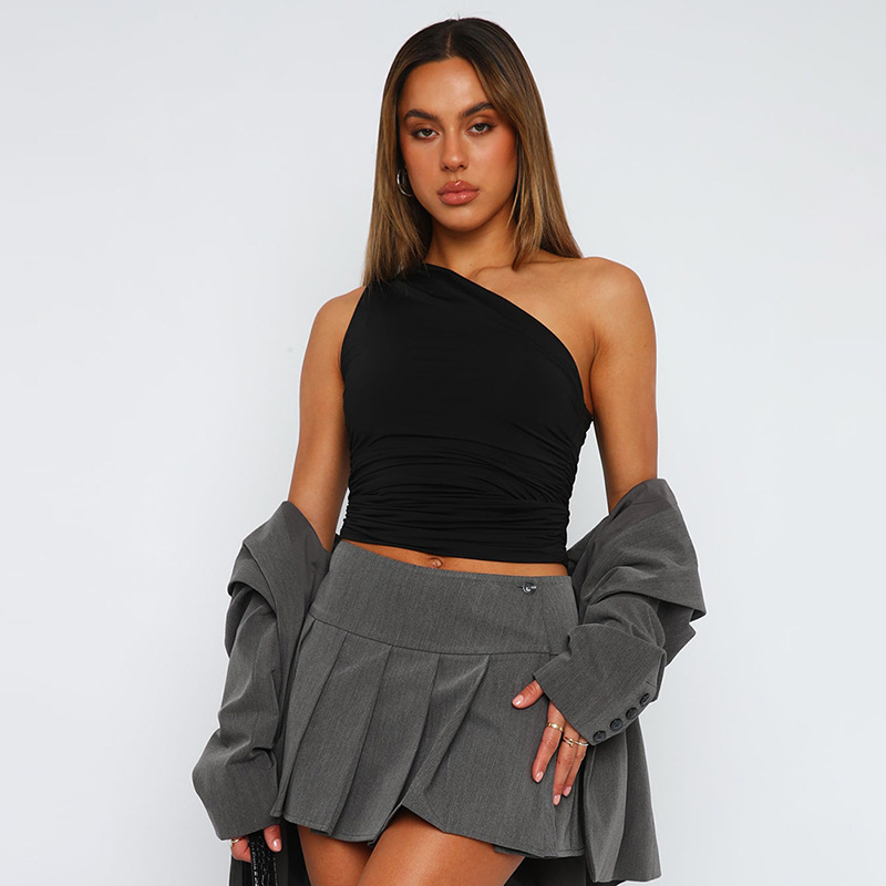 Y23TP703 European and American women's clothing winter Amazon new solid color one-shoulder backless Pleated vest top T-shirt for women