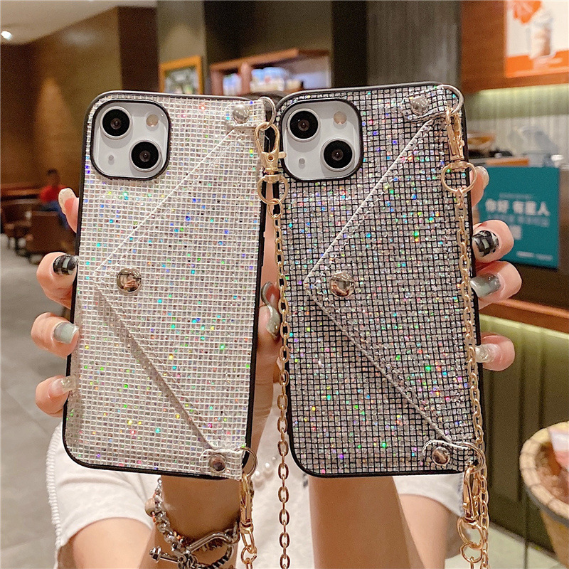 Card Holder card envelope iphone13 mobile phone case creative flash Diamond crossbody rope iphone14 mobile phone case applicable
