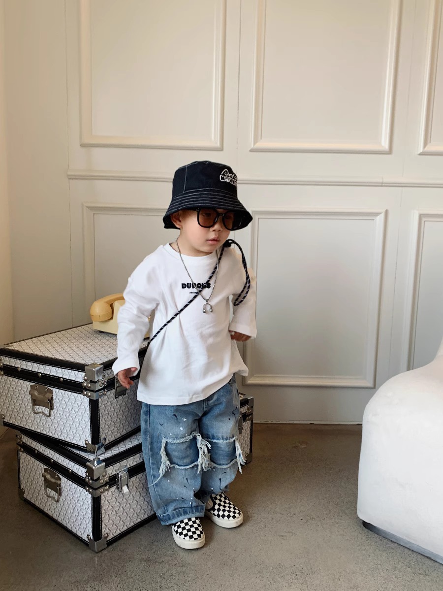 Children's Pu Shuai loose wide-leg spring and autumn jeans boys' Korean retro casual pants children's autumn pants fashion