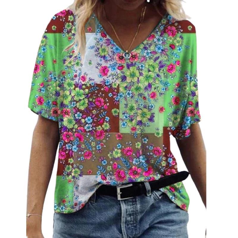  European and American independent station wish summer fashion floral print pullover V-neck short-sleeved T-shirt for women