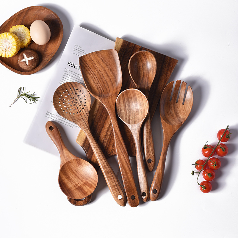 Acacia Wood kitchenware factory wholesale teak spatula spoon seven-piece set wooden non-stick pan cooking spatula household cooking wood soup