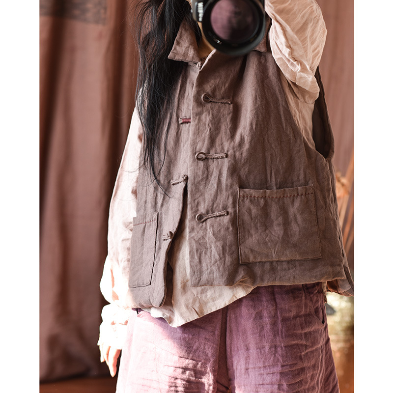 Simo/vêtements pour femmes en coton et lin faits maison gilet en coton à boucle en lin lavé au sable de haute qualité gilet en coton à enroulement rétro_voghion.com