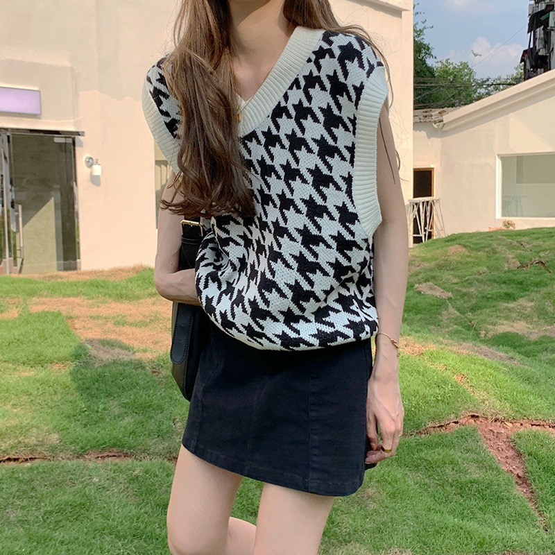 Hahnentritt-Weste Strickpullover 2022 Damen Herbst Neue koreanische lose Oberbekleidung Pullover Pullover Top_voghion.com
