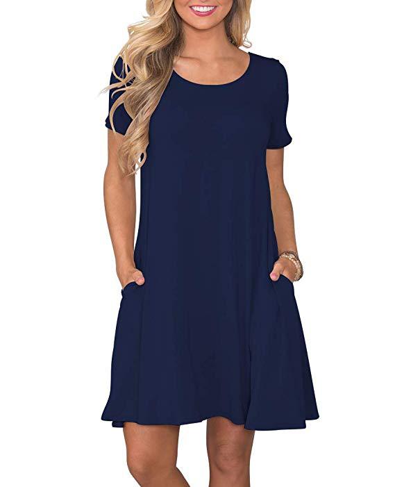 2022 European and American Foreign Trade Cross-border New Amazon Round Neck Solid Color Casual Pocket Short Sleeve Large Swing Dress Women's Clothing