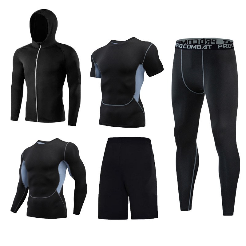 Morning Running Sports Tights Men's Running Suit Five-piece Quick-drying Clothes Basketball Training Suit Tights Fitness suit