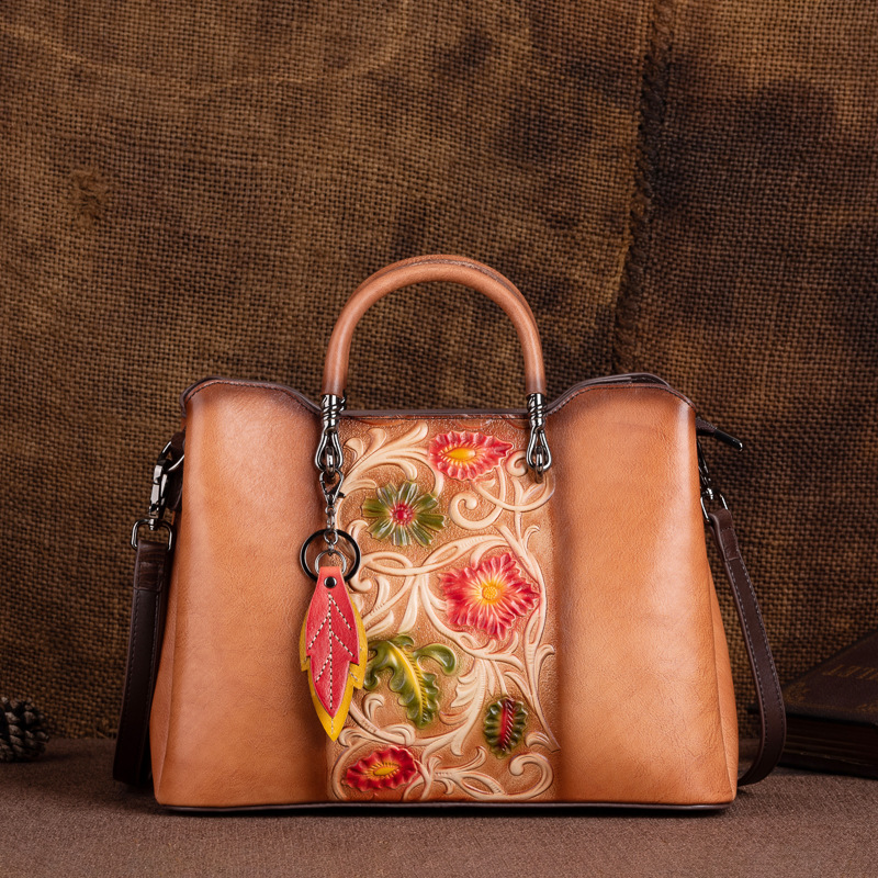 Vegetable Tanning Top Layer Cowhide Vintage Genuine Leather Women's Bag Handbag Crossbody Bag Embossed Color Simple Large Capacity High-end Sense