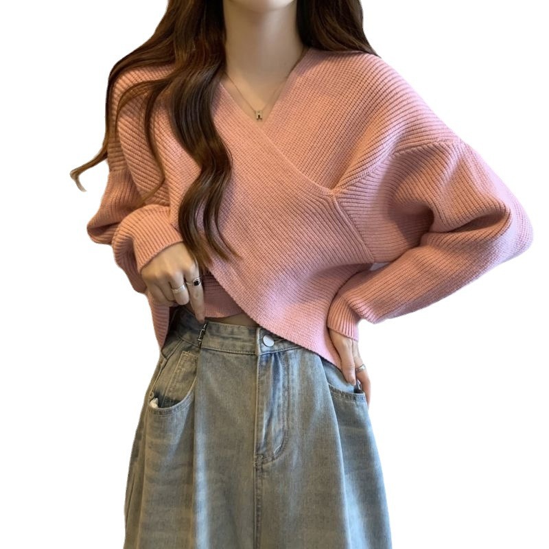 Early autumn cross design V-neck red gentle sweater women's autumn and winter lazy style bottoming sweater