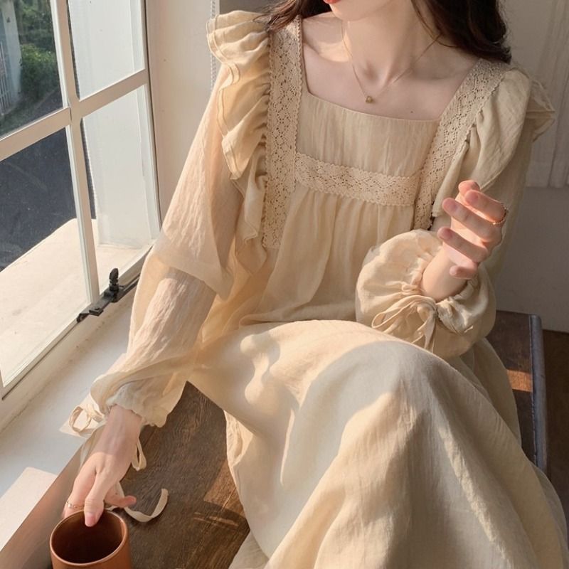 New ins Pajamas Pajamas Women's Spring and Autumn Winter 2023 Palace Japanese Style Sweet Long Solid Color Long Sleeve Home Clothes
