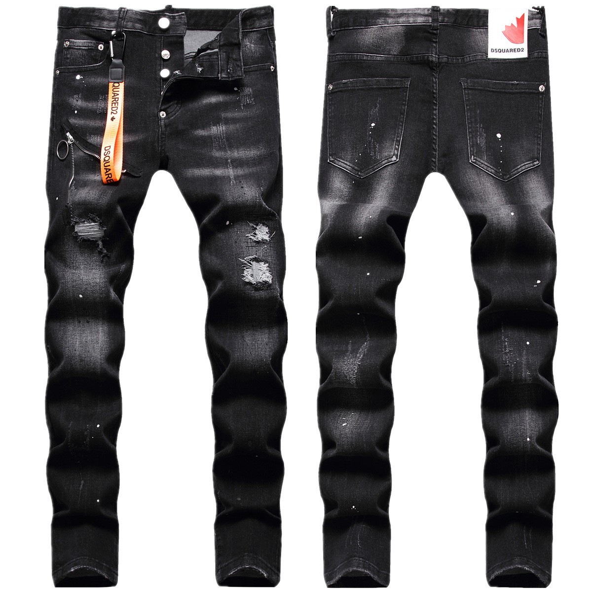 European and American fashion brand Dsq2 fashion black Gray elastic paint point decoration zipper lanyard hole patch jeans men