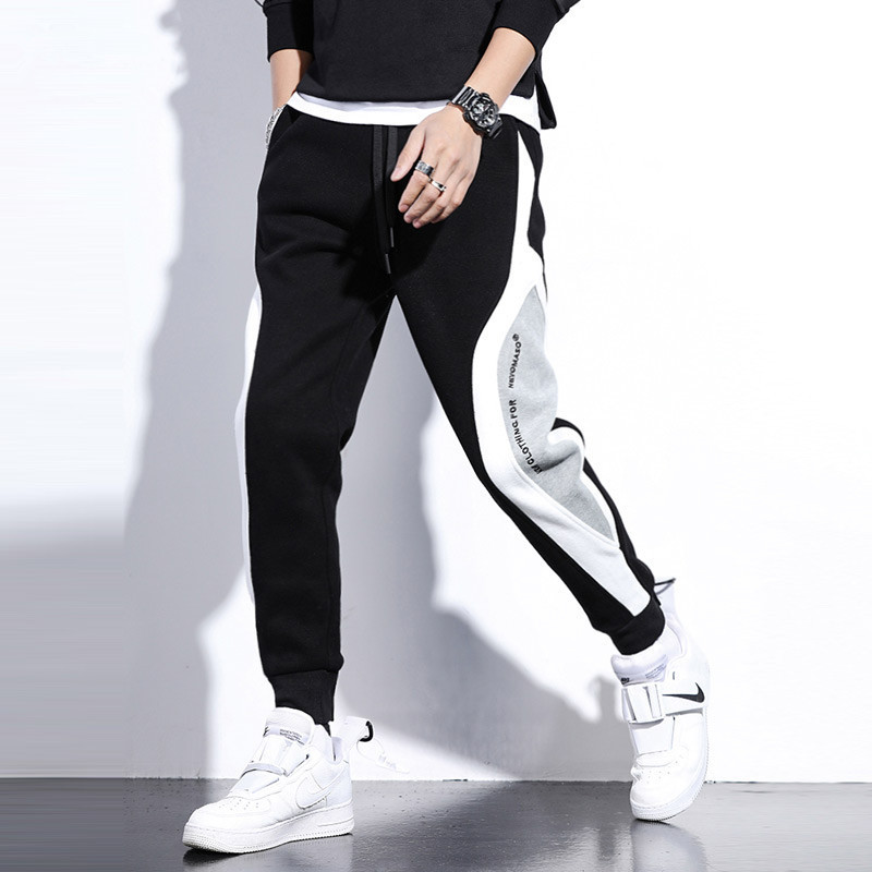 Autumn and winter velvet warm pants toe black gray stitching embroidery trend casual loose Sports men's pants