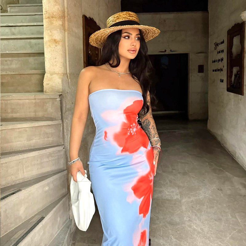 D24DS121 European and American Women's Cross-border Summer New Strapless Flower Printed Slim-fit High Waist Split Long Dress