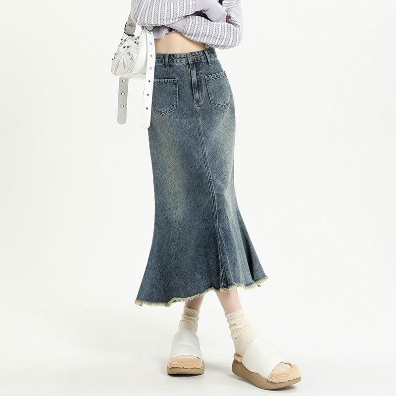 Vintage Denim Skirt Women's Summer 2023 New Design High Waist Slim A- line Hip Fishtail Skirt