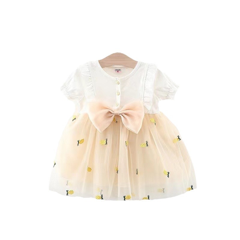 1547 New Girls' 2023 Baby Girl Summer Dress Solid Color Pineapple Mesh Stitching Dress Girls' Hair