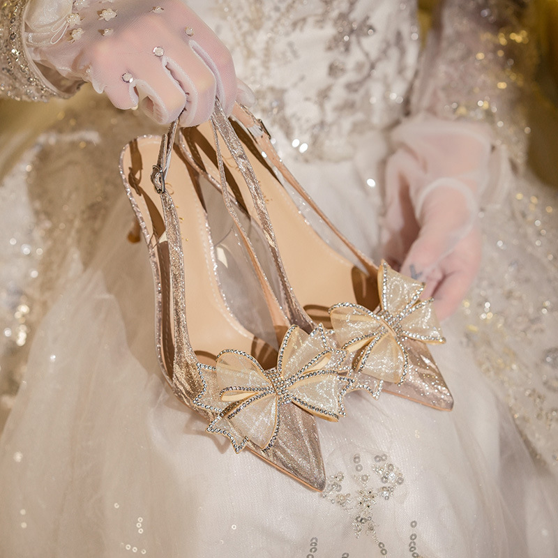 French Crystal High Heels Bow Wedding Shoes 2023 Rhinestone Pointed Stiletto Heel Summer Women's Sandals Golden Bridal Shoes