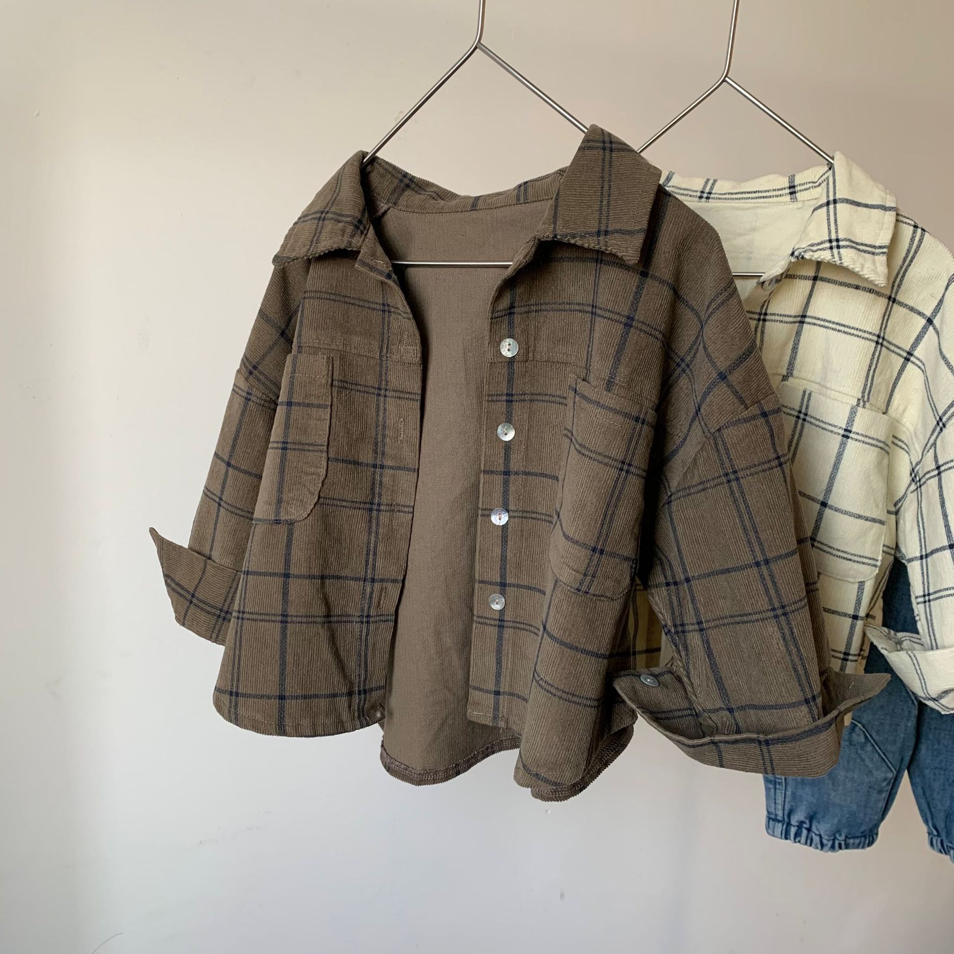 GL-kids Spring New Boys and Girls Corduroy Plaid Long Sleeve Shirt Children's Retro Style Casual Top Korean