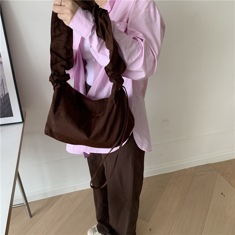 Canvas Bag Women's Korean-style Single-shoulder Pleated Drawstring Canvas Bag Small Fresh Artistic Solid Color Portable Crossbody Casual Women's Bag_voghion.com
