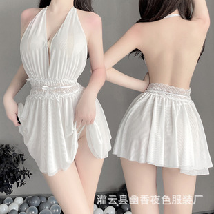 Lin linting new women's deep V temptation backless design perspective double-layer mesh skirt sexy halter nightdress 1026