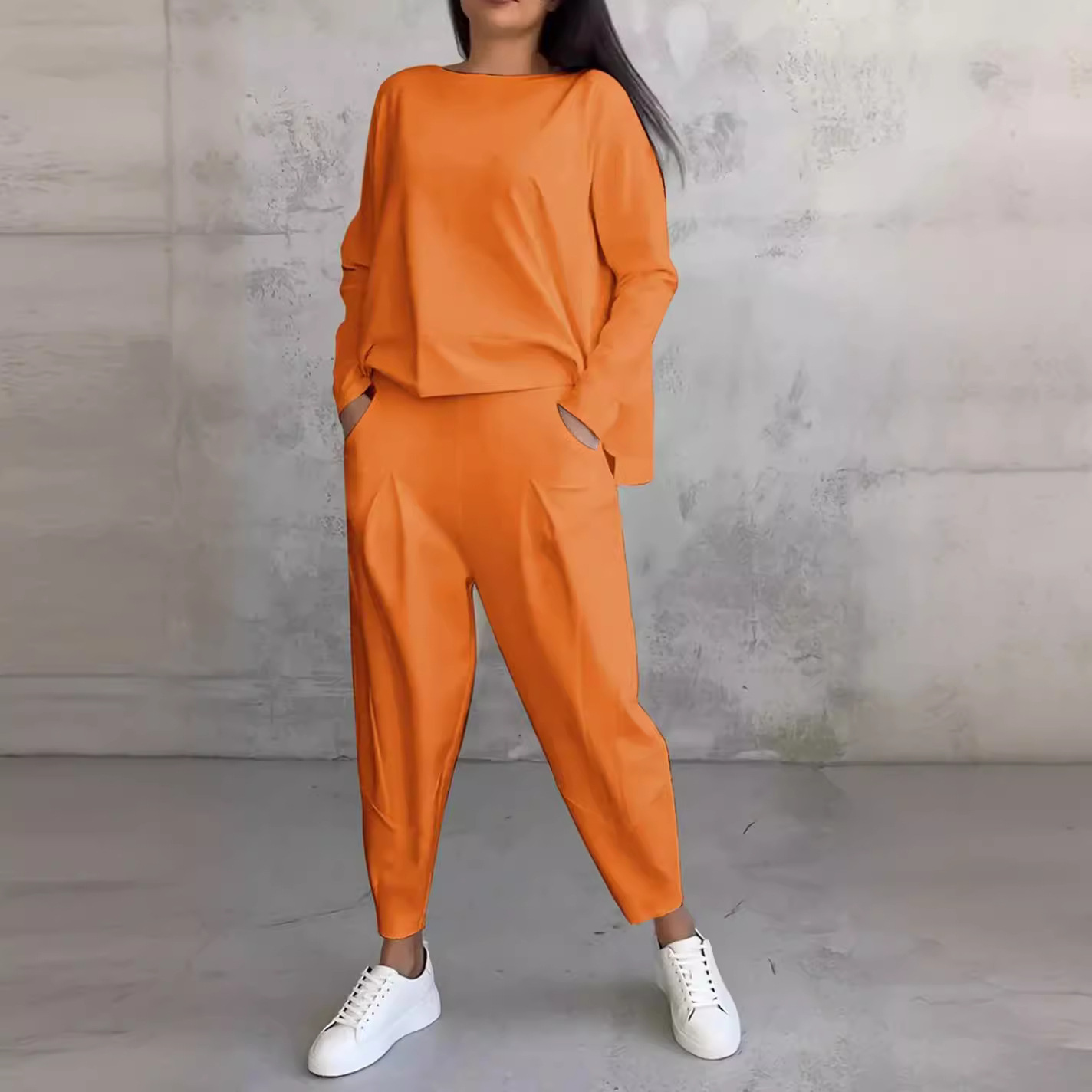 2024 new European and American cross-border foreign trade women's solid color round neck long sleeve suit women's pocket pants pants women