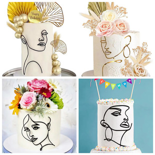 Cross-border Abstract Minimalist Figure Facial Art Facial Lines Acrylic Mirror Sticker Cake Decoration Baking Plug-in