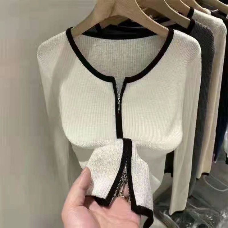 College Wind Knitted Cardigan Long Sleeve T-Shirt Early Autumn Women's 2023 New Threaded Zipper