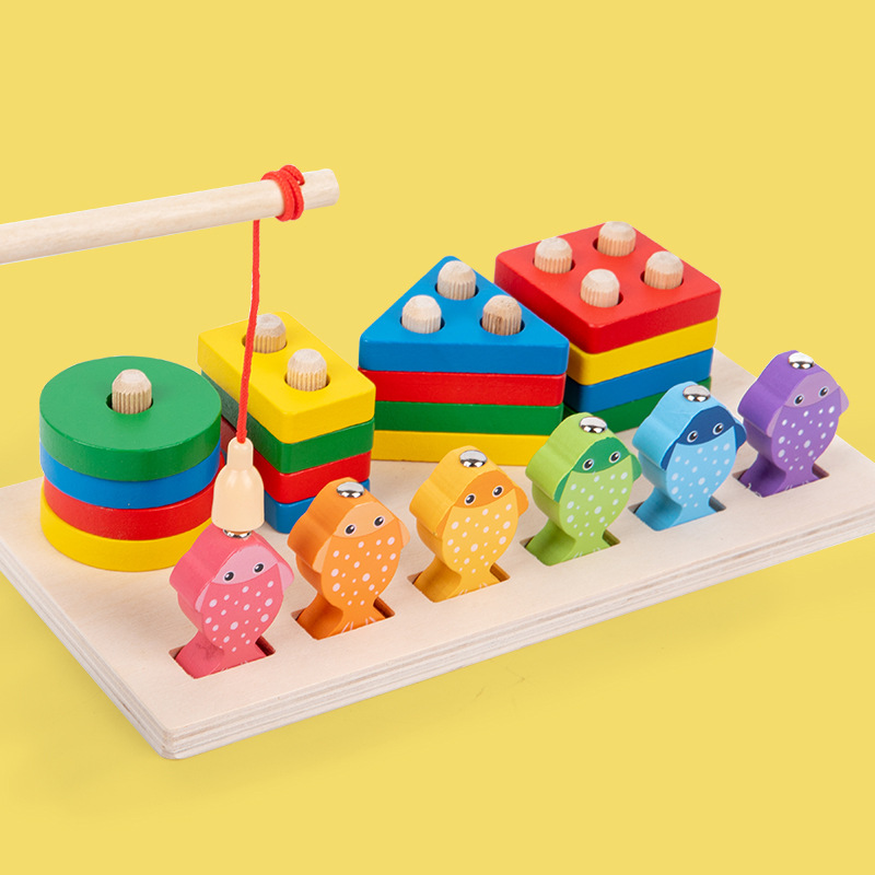 Two-in-One Three-Dimensional Magnetic Fishing Set Column Building Blocks Children's Montessori Shape Cognitive Matching Early Education Wooden Toys