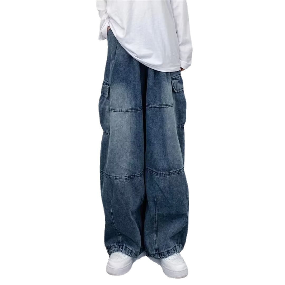 Trendy Brand Hong Kong style retro draping loose wide leg casual large pocket tooling Denim washed New dad pants for men and women